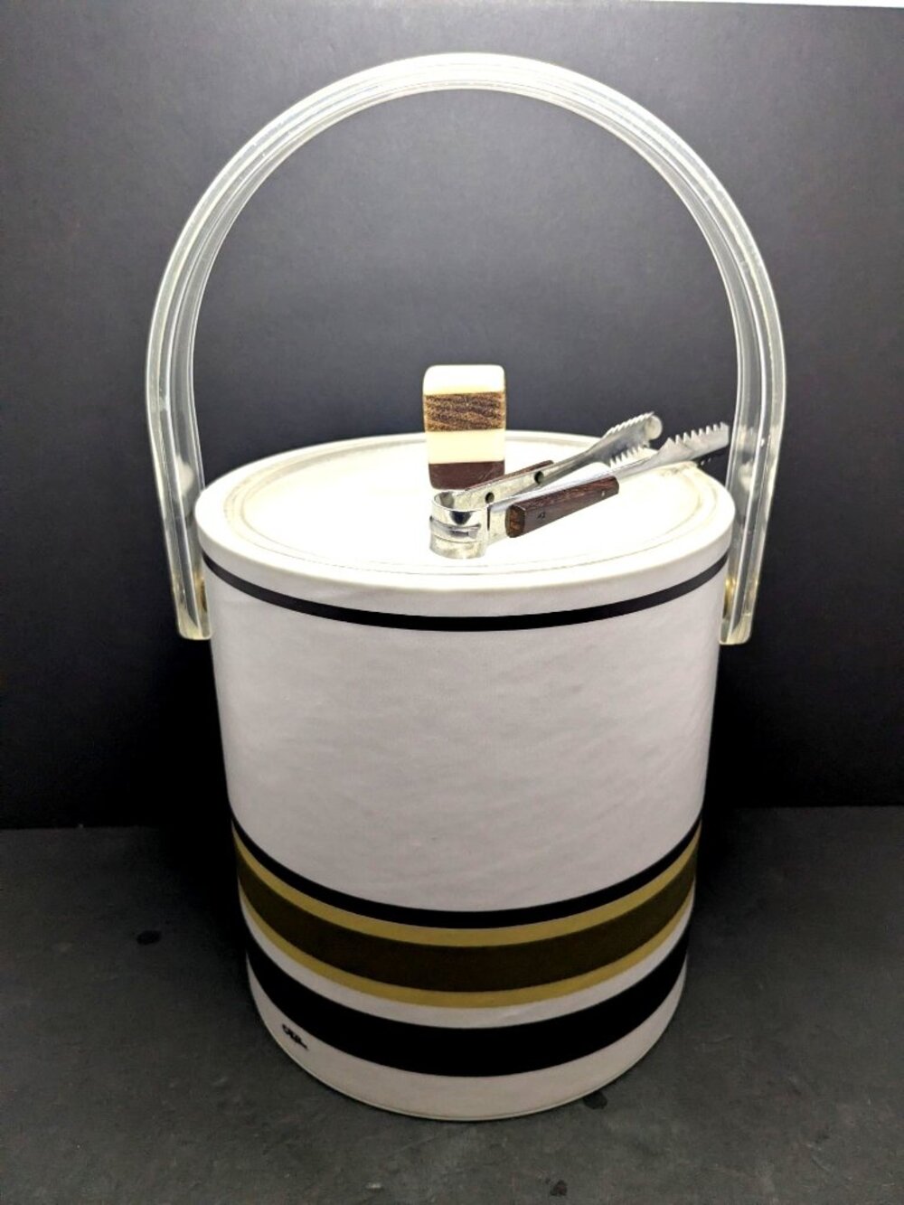 Mcm Cera Striped Ice Bucket Lucite Handle Tongs Cream Black Olive Stripes Vtg.